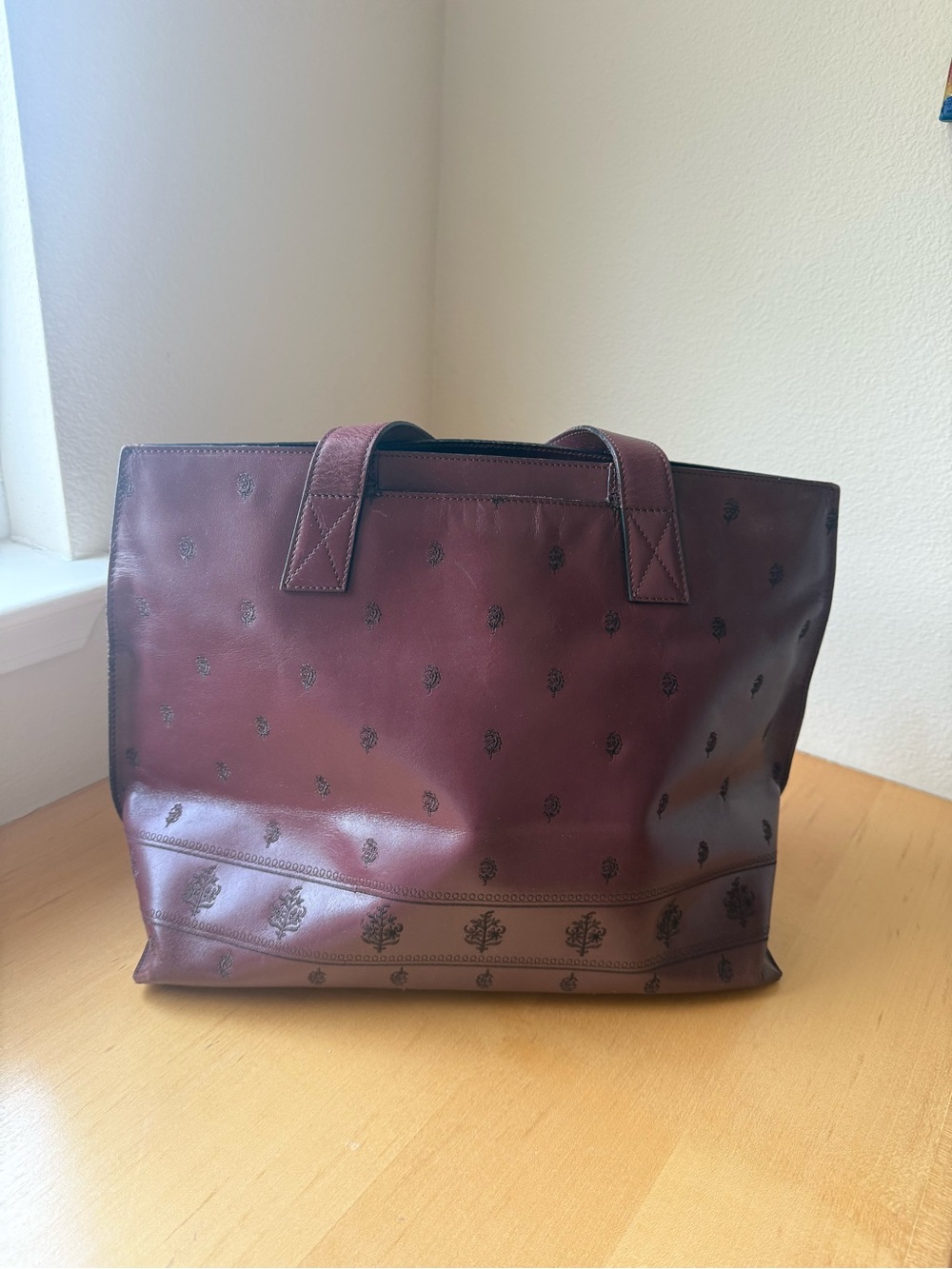 Adrienne Vittadini Burgundy Leather Tote with Monogram Motif